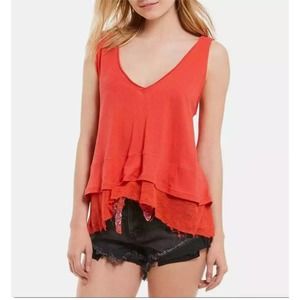 Free people Peachy Tee Tiered Frayed Hem Hot Coral NWT Size S  NWT